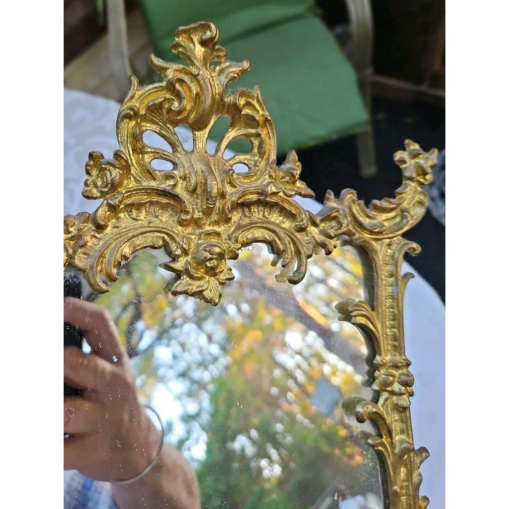 Hollywood Regency Brass Mirror Baroque Neoclassical Victorian Ornate 15" Vintage